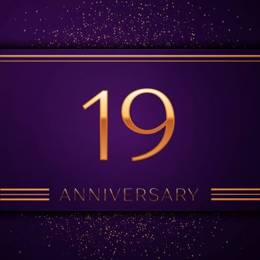 Gerçekçi on dokuz yıl yıldönümü kutlamaları tasarım afiş. Altın sayı ve mor zemin üzerine konfeti. Doğum günü partin için renkli vektör şablon öğeleri