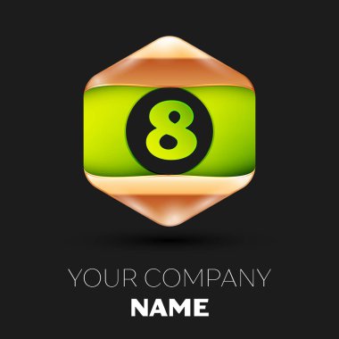 Gerçekçi sekiz numara'yeşil logo sembol siyah arka plan üzerinde renkli altın-yeşil altıgen şeklinde. Tasarımınız için vektör şablonu
