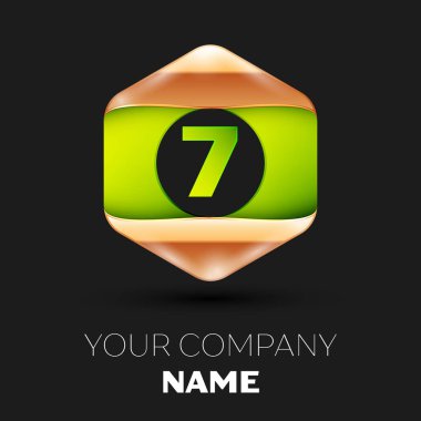 Gerçekçi yeşil yedi numara logo sembol siyah arka plan üzerinde renkli altın-yeşil altıgen şeklinde. Tasarımınız için vektör şablonu
