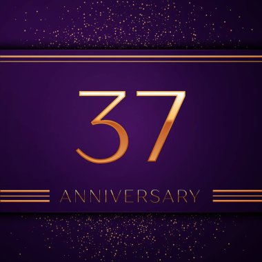 Gerçekçi otuz yedi yıl yıldönümü kutlamaları tasarım afiş. Altın sayı ve mor zemin üzerine konfeti. Doğum günü partin için renkli vektör şablon öğeleri