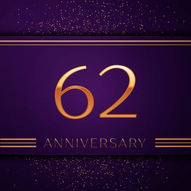 Gerçekçi altmış iki yıl yıldönümü kutlamaları tasarım afiş. Altın sayı ve mor zemin üzerine konfeti. Doğum günü partin için renkli vektör şablon öğeleri