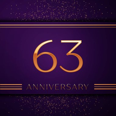 Gerçekçi altmış üç yıl yıldönümü kutlamaları tasarım afiş. Altın sayı ve mor zemin üzerine konfeti. Doğum günü partin için renkli vektör şablon öğeleri