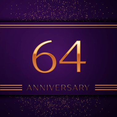Gerçekçi altmış dört yıl yıldönümü kutlamaları tasarım afiş. Altın sayı ve mor zemin üzerine konfeti. Doğum günü partin için renkli vektör şablon öğeleri