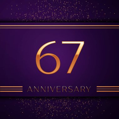 Gerçekçi altmış yedi yıl yıldönümü kutlamaları tasarım afiş. Altın sayı ve mor zemin üzerine konfeti. Doğum günü partin için renkli vektör şablon öğeleri