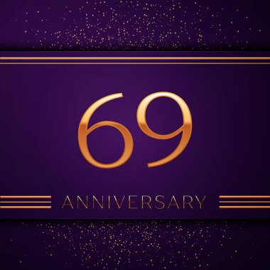 Gerçekçi altmış dokuz yıl yıldönümü kutlamaları tasarım afiş. Altın sayı ve mor zemin üzerine konfeti. Doğum günü partin için renkli vektör şablon öğeleri