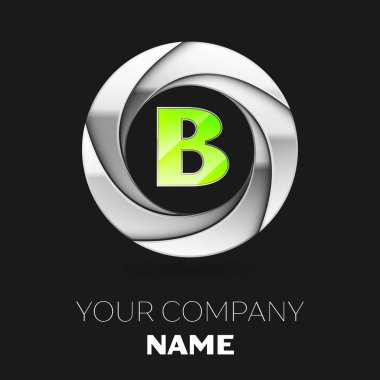Gerçekçi yeşil mektup B logo sembol siyah arka plan üzerine gümüş renkli daire şeklinde. Tasarımınız için vektör şablonu