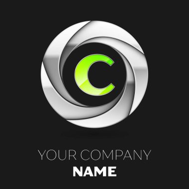 Gerçekçi yeşil harfi C logo sembol siyah arka plan üzerine gümüş renkli daire şeklinde. Tasarımınız için vektör şablonu