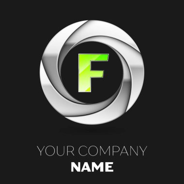 Gerçekçi yeşil mektup F logo sembol siyah arka plan üzerine gümüş renkli daire şeklinde. Tasarımınız için vektör şablonu