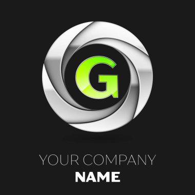 Gerçekçi yeşil mektup G logo sembol siyah arka plan üzerine gümüş renkli daire şeklinde. Tasarımınız için vektör şablonu