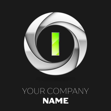 Gerçekçi yeşil harf ı logo sembol siyah arka plan üzerine gümüş renkli daire şeklinde. Tasarımınız için vektör şablonu