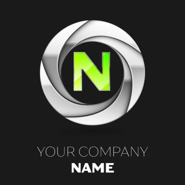 Gerçekçi yeşil harf N logo sembol siyah arka plan üzerine gümüş renkli daire şeklinde. Tasarımınız için vektör şablonu