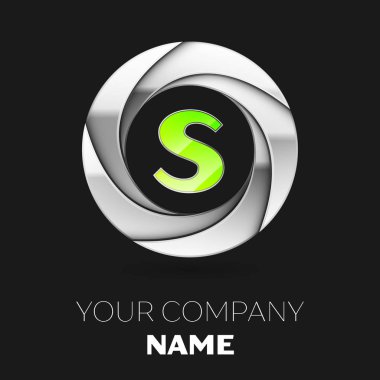 Gerçekçi yeşil S harfi logo sembol siyah arka plan üzerine gümüş renkli daire şeklinde. Tasarımınız için vektör şablonu