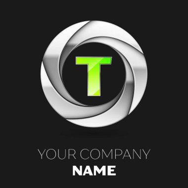 Gerçekçi yeşil mektup T logo sembol siyah arka plan üzerine gümüş renkli daire şeklinde. Tasarımınız için vektör şablonu
