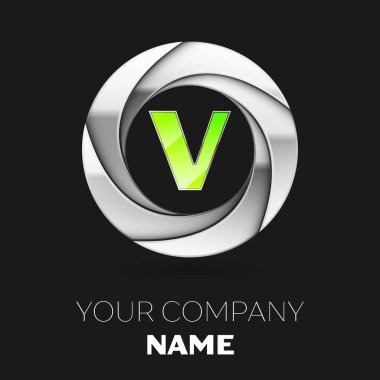 Gerçekçi yeşil harf V logo sembol siyah arka plan üzerine gümüş renkli daire şeklinde. Tasarımınız için vektör şablonu