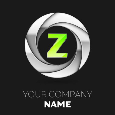 Gerçekçi yeşil mektup Z logo sembol siyah arka plan üzerine gümüş renkli daire şeklinde. Tasarımınız için vektör şablonu