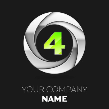 Gerçekçi yeşil dört numara logo sembol siyah arka plan üzerine gümüş renkli daire şeklinde. Tasarımınız için vektör şablonu