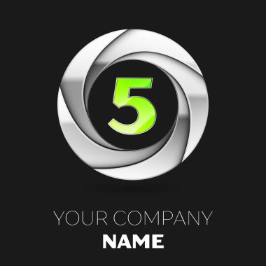 Gerçekçi yeşil beş numara logo sembol siyah arka plan üzerine gümüş renkli daire şeklinde. Tasarımınız için vektör şablonu