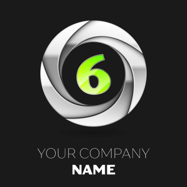 Gerçekçi yeşil altı numara logo sembol siyah arka plan üzerine gümüş renkli daire şeklinde. Tasarımınız için vektör şablonu