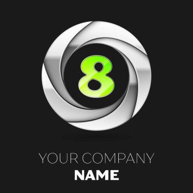 Gerçekçi sekiz numara'yeşil logo sembol siyah arka plan üzerine gümüş renkli daire şeklinde. Tasarımınız için vektör şablonu