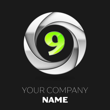 Gerçekçi yeşil Number Nine logo sembol siyah arka plan üzerine gümüş renkli daire şeklinde. Tasarımınız için vektör şablonu