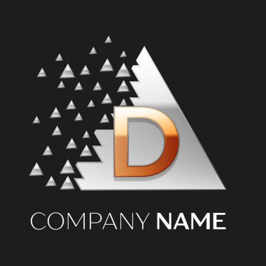 Gerçekçi altın harf D logo sembol siyah arka plan üzerine parçalanmış bloklarla gümüş renkli piksel üçgen şeklinde. Tasarımınız için vektör şablonu