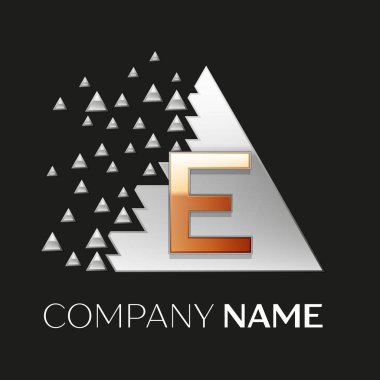 Gerçekçi altın harf E logo sembol siyah arka plan üzerine parçalanmış bloklarla gümüş renkli piksel üçgen şeklinde. Tasarımınız için vektör şablonu