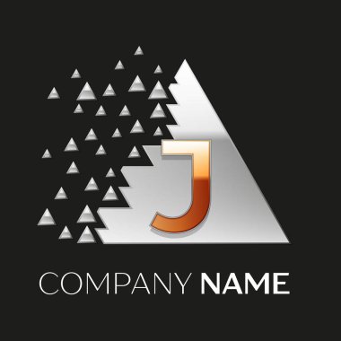 Gerçekçi altın harf J logo sembol siyah arka plan üzerine parçalanmış bloklarla gümüş renkli piksel üçgen şeklinde. Tasarımınız için vektör şablonu