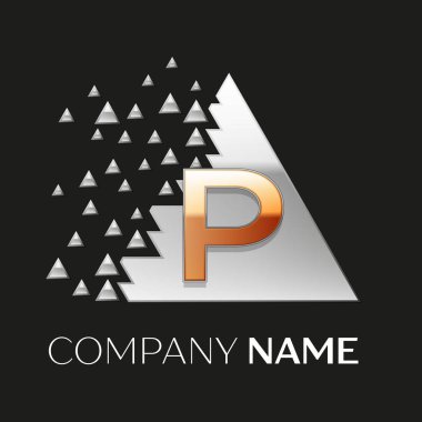 Gerçekçi altın harf P logo sembol siyah arka plan üzerine parçalanmış bloklarla gümüş renkli piksel üçgen şeklinde. Tasarımınız için vektör şablonu