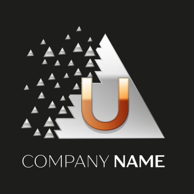 Gerçekçi altın harf U logo sembol siyah arka plan üzerine parçalanmış bloklarla gümüş renkli piksel üçgen şeklinde. Tasarımınız için vektör şablonu