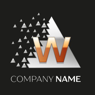 Gerçekçi altın harf W logo sembol siyah arka plan üzerine parçalanmış bloklarla gümüş renkli piksel üçgen şeklinde. Tasarımınız için vektör şablonu