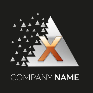 Gerçekçi altın harf X logo sembol siyah arka plan üzerine parçalanmış bloklarla gümüş renkli piksel üçgen şeklinde. Tasarımınız için vektör şablonu