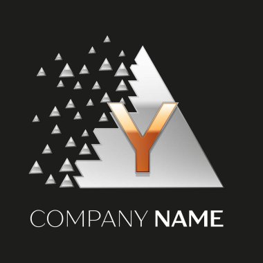 Gerçekçi altın harf Y logo sembol siyah arka plan üzerine parçalanmış bloklarla gümüş renkli piksel üçgen şeklinde. Tasarımınız için vektör şablonu