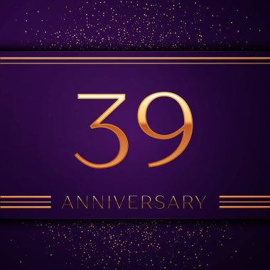 Gerçekçi otuz dokuz yıl yıldönümü kutlamaları tasarım afiş. Altın sayı ve mor zemin üzerine konfeti. Doğum günü partin için renkli vektör şablon öğeleri