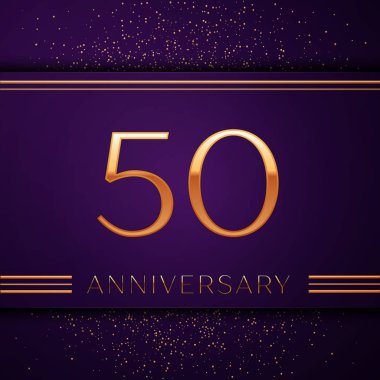 Gerçekçi elli yıl yıldönümü kutlamaları tasarım afiş. Altın sayı ve mor zemin üzerine konfeti. Doğum günü partin için renkli vektör şablon öğeleri