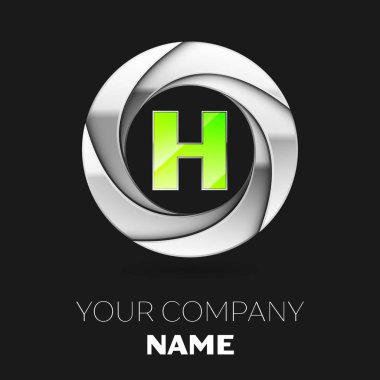 Gerçekçi yeşil H harfi logo sembol siyah arka plan üzerine gümüş renkli daire şeklinde. Tasarımınız için vektör şablonu