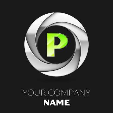 Gerçekçi yeşil mektup P logo sembol siyah arka plan üzerine gümüş renkli daire şeklinde. Tasarımınız için vektör şablonu