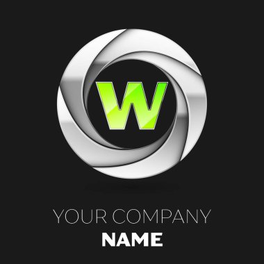 Gerçekçi yeşil mektup W logo sembol siyah arka plan üzerine gümüş renkli daire şeklinde. Tasarımınız için vektör şablonu