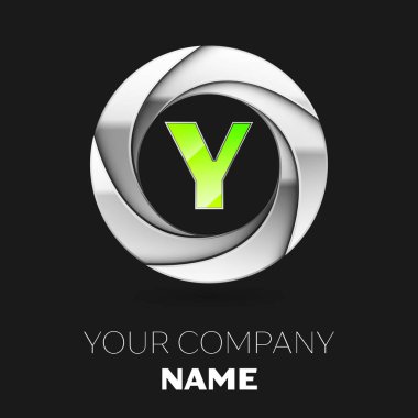 Gerçekçi yeşil mektup Y logo sembol siyah arka plan üzerine gümüş renkli daire şeklinde. Tasarımınız için vektör şablonu