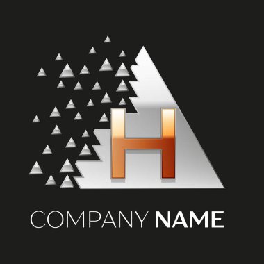 Gerçekçi altın H harfi logo sembol siyah arka plan üzerine parçalanmış bloklarla gümüş renkli piksel üçgen şeklinde. Tasarımınız için vektör şablonu