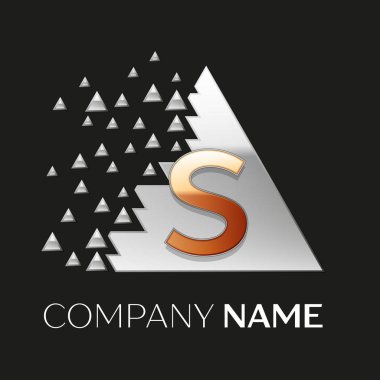 Gerçekçi altın harf S logo sembol siyah arka plan üzerine parçalanmış bloklarla gümüş renkli piksel üçgen şeklinde. Tasarımınız için vektör şablonu