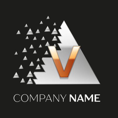 Gerçekçi altın harf V logo sembol siyah arka plan üzerine parçalanmış bloklarla gümüş renkli piksel üçgen şeklinde. Tasarımınız için vektör şablonu