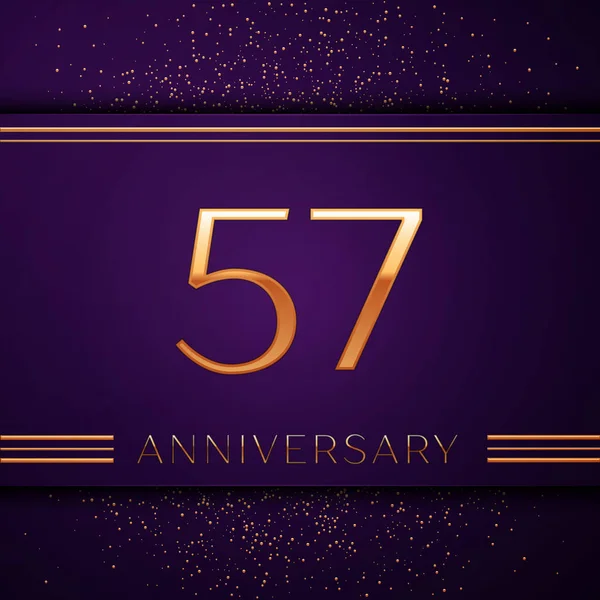 Realistische vijftig zeven jaar Anniversary Celebration ontwerp banner. Gouden getal en confetti op paarse achtergrond. Kleurrijke vectorelementen sjabloon voor uw verjaardagspartij — Stockvector