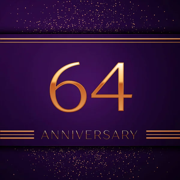 Realistische zestig vier jaar Anniversary Celebration ontwerp banner. Gouden getal en confetti op paarse achtergrond. Kleurrijke vectorelementen sjabloon voor uw verjaardagspartij — Stockvector