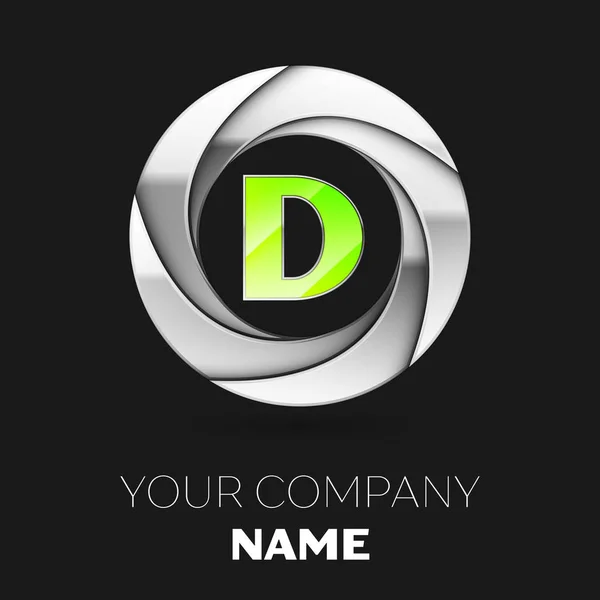 Realistyczny symbol logo zielony list D w silver kolorowy koło kształt na czarnym tle. Wektor szablon dla Twojego projektu — Wektor stockowy