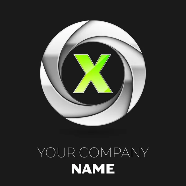 Reális zöld levél X logo szimbólum ezüst színes kör alakú fekete háttér. A design vektor sablon — Stock Vector