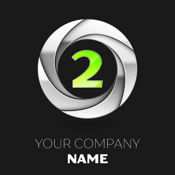 Reális zöld szám két logo szimbólum ezüst színes kör alakú fekete háttér. A design vektor sablon — Stock Vector