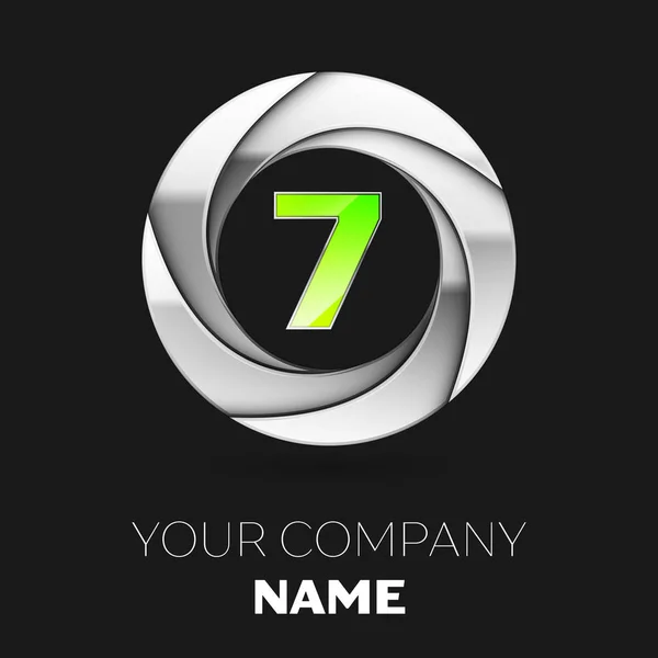 Ρεαλιστική πράσινο αριθμό επτά σύμβολο λογότυπο στο σχήμα ασημένια πολύχρωμο κύκλο σε μαύρο φόντο. Διάνυσμα πρότυπο για το σχεδιασμό σας — Διανυσματικό Αρχείο