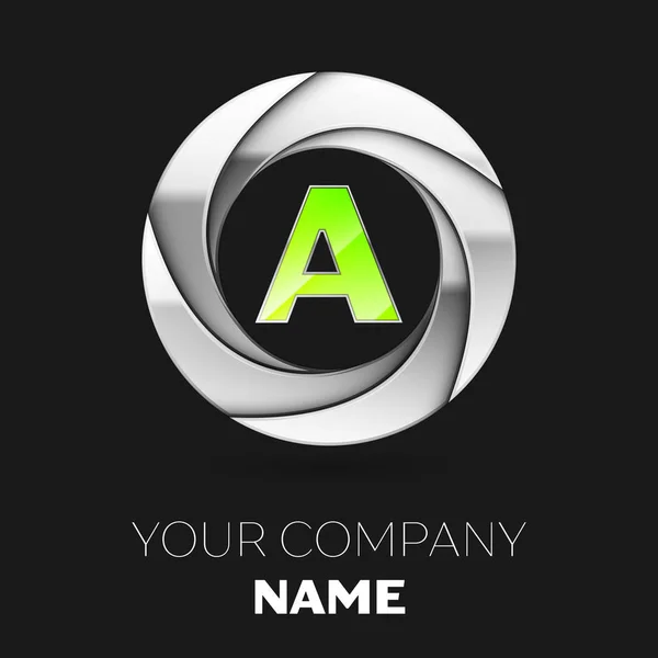 Reális zöld levél ezüst színes kör alakú fekete háttér logo szimbólum. A design vektor sablon — Stock Vector