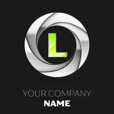 Gerçekçi yeşil mektup L logo sembol siyah arka plan üzerine gümüş renkli daire şeklinde. Tasarımınız için vektör şablonu
