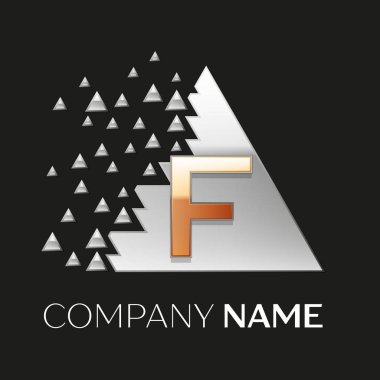 Gerçekçi altın harf F logo sembol siyah arka plan üzerine parçalanmış bloklarla gümüş renkli piksel üçgen şeklinde. Tasarımınız için vektör şablonu